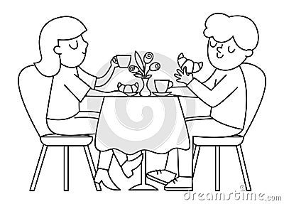 Black and white pair sitting by the table, eating croissants and drinking coffee or tea. Vector line illustration with French Vector Illustration