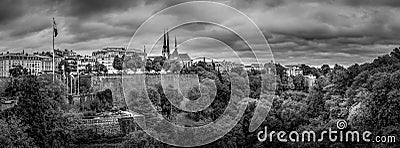 Black and White Panorama of Vall de la Ptrusse Petrusse Park viewed from the Adolphe Bridge Stock Photo