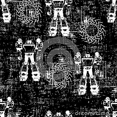 black and white pattern for boys with robots, grunge texture and circles Stock Photo