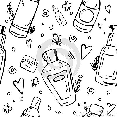 Black and white pattern with cosmetic bottles. Vector Illustration