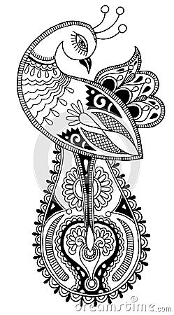 Black and white peacock decorative ethnic drawing Vector Illustration