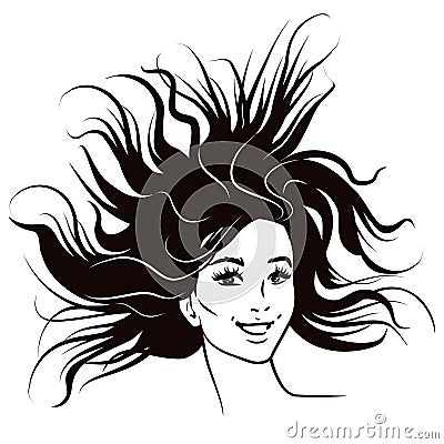Black and white pen and ink style fashion female portrait. Attractive smiling confident young woman with long flowing windswept h Vector Illustration
