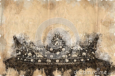 Black and white pencil sketch style and abstract illustration of beautiful queen/king crown over wooden table. fantasy medieval Cartoon Illustration