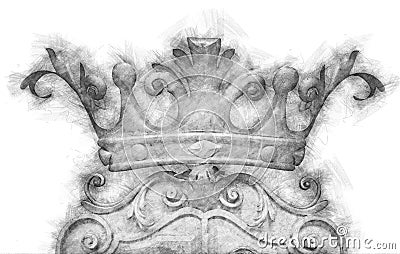 black and white pencil sketch style and abstract illustration of vintage ornament crown element Cartoon Illustration