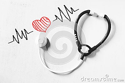 Black and white phot of toy stethoscope and colorful heart beats illustration over textured background Cartoon Illustration