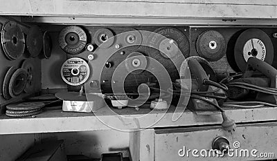 Black & White Photo of Abrasive Grinding and Cutting Discs Editorial Stock Photo