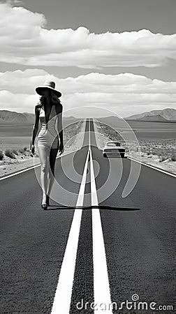 Black and white photo of amazing winding long road desert landscape view with beautiful view of model lady. generative ai Stock Photo