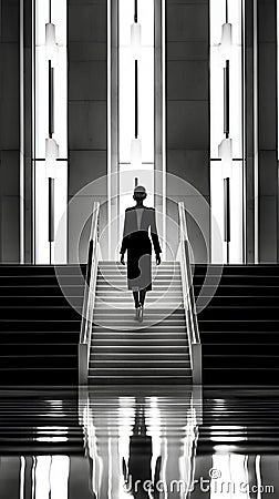 Black and white photo of amazing winding long stairway stairs wide view with beautiful back view of model lady. generative ai Stock Photo