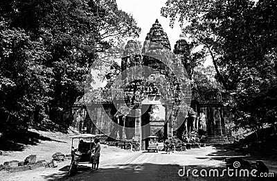 A black and white photo of the Angkor Thom city gate with a smiling face Editorial Stock Photo