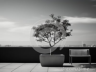 black and white photo of a bench and a tree Stock Photo