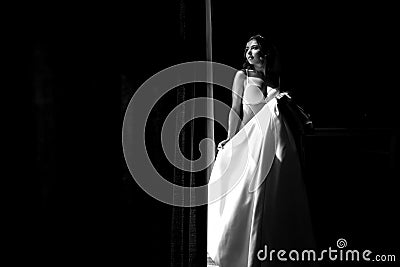 Black and white photo of the bride in the underwear Stock Photo