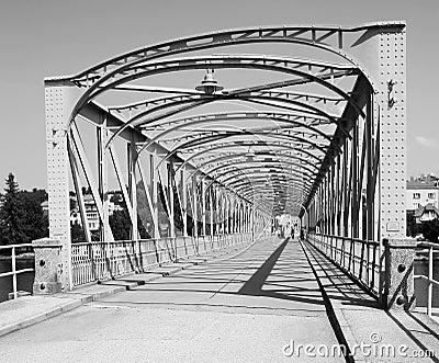 Black-and-white photo of bridge in TÃ½n nad Vltavou. Unique and interesting Stock Photo