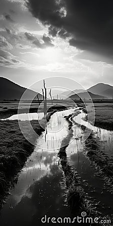 Swamp And Mountains: A Breathtaking Black And White Landscape Stock Photo