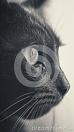 A black and white photo of a cat looking up at something, AI Stock Photo