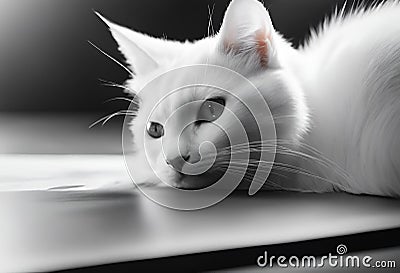 black and white photo of cat resting on laptop computer keyboard Cartoon Illustration