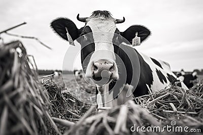 Black and white photo of a cow eating hay in the field, Black and white cow eating hay, Feeding cows, AI Generated Stock Photo