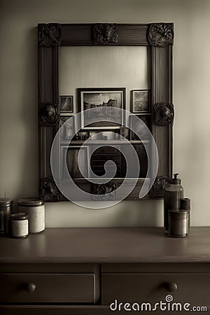 A Black And White Photo Of A Dresser And A Mirror. Generative AI Stock Photo