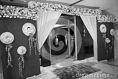 Black and White Photo of Floral Wedding decoration element. Lights, entrance gate, Shower, Flowers, Couple Stage. Chandigarh India Editorial Stock Photo