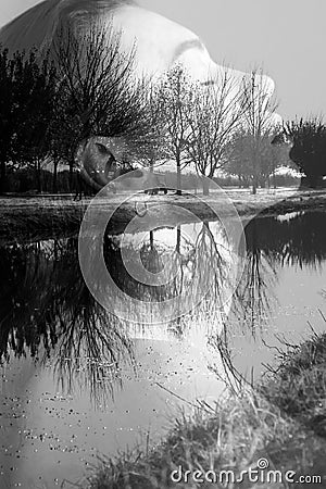 Black and white photo girl and reflection of nature Stock Photo