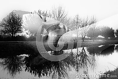 Black and white photo girl and reflection of nature Stock Photo