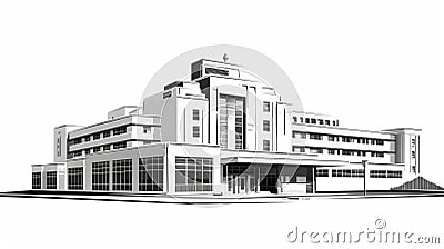 Art Deco Hospital Building Illustration With Distinctive Character Design Stock Photo