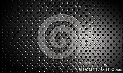 a black and white photo of a metal surface with holes in it and a light shining through the middle of the image and a circular Stock Photo