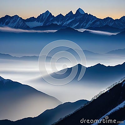 a black and white photo of a mountain range with fog in ther and a bright sun in the sky above the mountain Cartoon Illustration