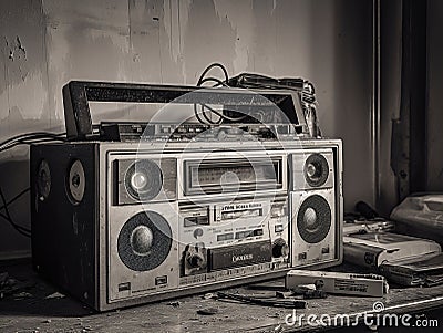 Black and white photo of an old cassette recorder against the background of an old peeling wall and surroundings. AI generated, AI Stock Photo