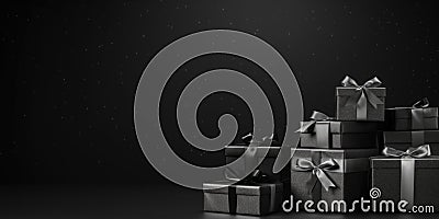 A black and white photo of a pile of presents, Black Friday background Stock Photo