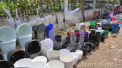 black and white photo of plant pots and various thing Stock Photo