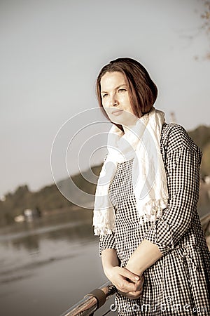 Black and white photo.Portrait of a middle-aged woman on the background of nature Stock Photo