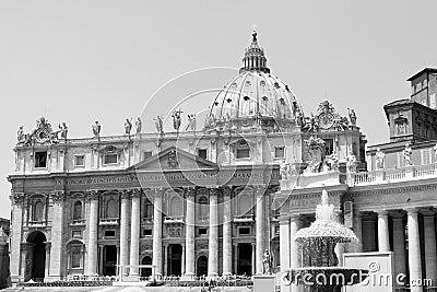 Black and white photo of Saint Peter`s Basilica in St. Peter`s Square, Vatican City. Vatican Museum, Rome Editorial Stock Photo