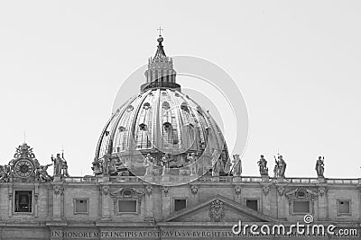 Black and white photo of Saint Peter`s Basilica in St. Peter`s Square, Vatican City. Vatican Museum, Rome Editorial Stock Photo
