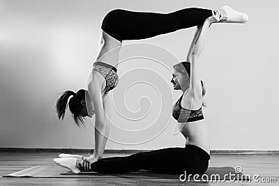 Black-white photo of two sportswomen Stock Photo