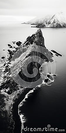 Sculptural Precision: Black And White Photo Of A Rocky Island Near The Ocean Stock Photo