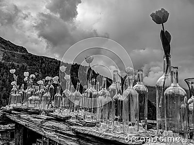 Black and White Photography of a Beautiful outdoor terrace vases decoration Stock Photo
