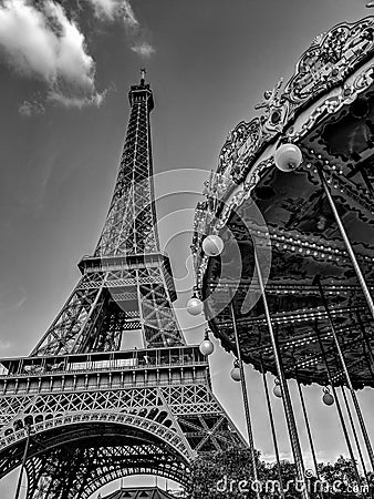 Black and White Photography of Carousel near The Eiffel Tower Stock Photo