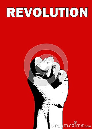 Photography of male fist rising up isolated on red background with word revolution above it Stock Photo