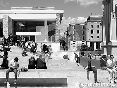 Black and White Photography Rome: Augusto Emperor square, buildings and Ara pacis Museum, people, urban landscape Editorial Stock Photo