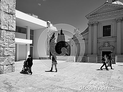 Black and White Photography Rome: Augusto Emperor square, church and Ara pacis Museum, people, woman with pram Editorial Stock Photo