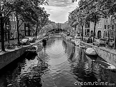 Black and White Photography of View of Amsterdam canals Editorial Stock Photo