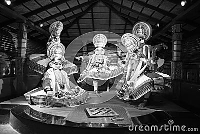 Black White Picture of Kathakali performers during traditional kathakali dance of Kerala`s state, India. Major form of classical Editorial Stock Photo