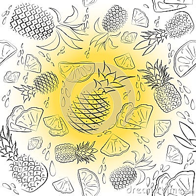 Black and white pineapple isolated on yellow background. Vector Illustration