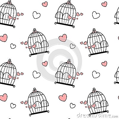 Black white pink cute lovely cartoon birdcage with hearts seamless pattern background illustration Vector Illustration