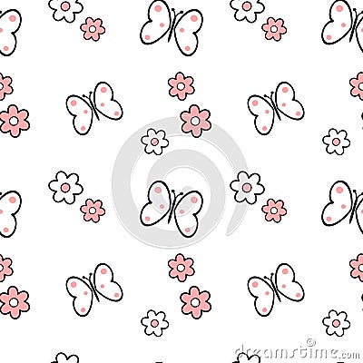 Black white pink daisy flowers and butterflies seamless pattern background illustration Vector Illustration