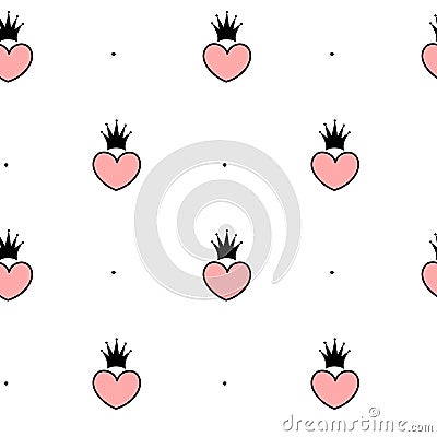 Black white pink seamless pattern background illustration with hearts and crowns Vector Illustration