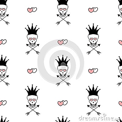 Black white pink seamless pattern background illustration with skulls with crowns and hearts Vector Illustration