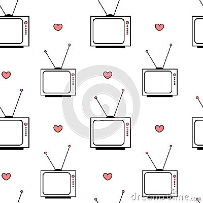 Black white pink vintage retro cartoon television seamless pattern background illustration with hearts Vector Illustration