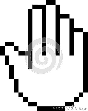 Black and white pixelated hand cursor pointing and clicking or selecting something on a computer screen, representing Vector Illustration