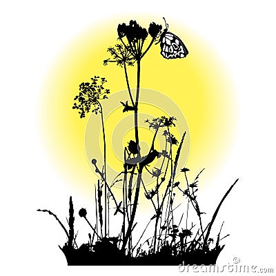 Plants silhouettes Flying butterfly Vector Illustration